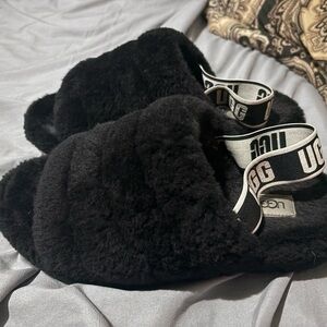 UGG Black Fuzzy Slippers with Logo Strap